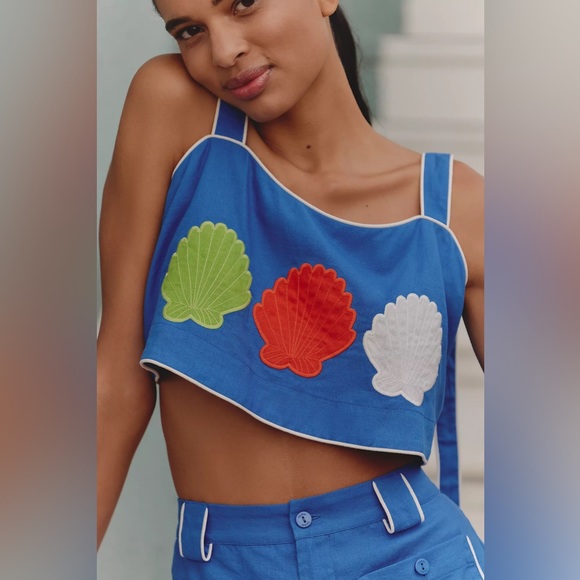 FARM RIO Blue Crop Top and Shorts Set Embroidered - Picture 3 of 6